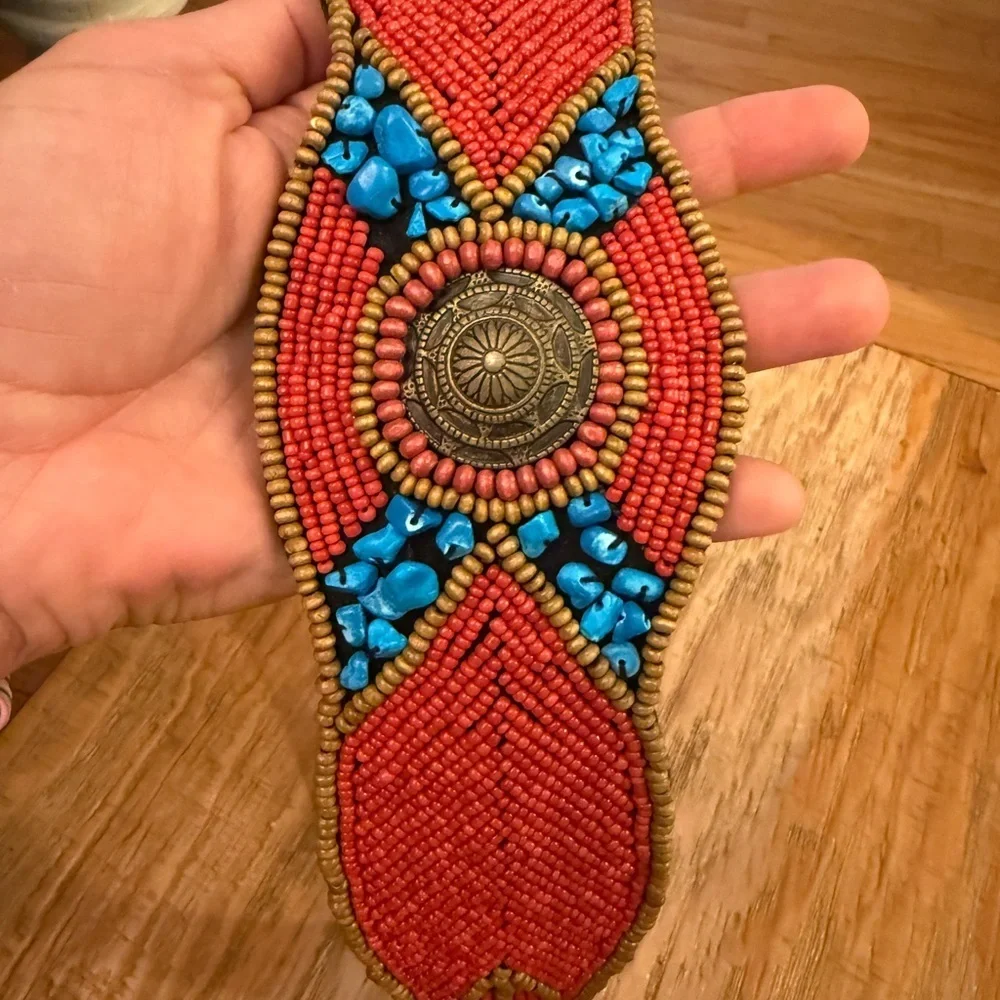 Red Blue Wood Glass & Turquoise Beaded Belt Fits 29 Waist